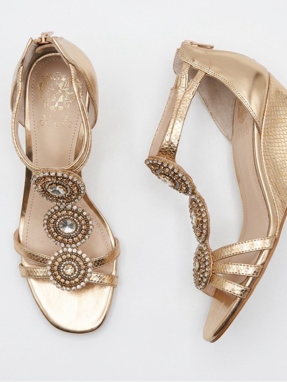 Vince Camuto Rose Gold Jeweled Wedge Sandals
